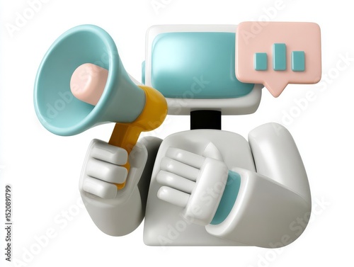 A modern robot character announcing progress with a megaphone.