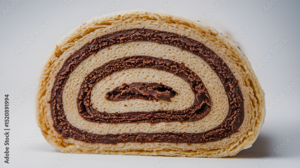 Fototapeta premium Close-up view of a Swiss roll slice with perfectly rolled sponge cake – Swiss roll wallpaper – bakery wallpaper – Swiss roll image