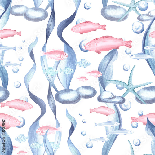 Fish swimming among the seaweed watercolor seamless pattern for baby marine design. Undersea world illustration for nautical kids print. Hand drawn underwater fauna template for cute childrens textile