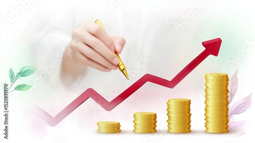 A hand drawing a growth chart with coins in the background.