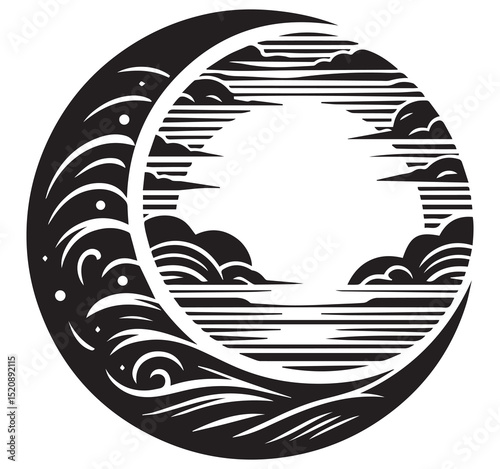Stylized Black and White Crescent Moon Graphic Art with Waves Framing a Serene Water and Cloud Landscape