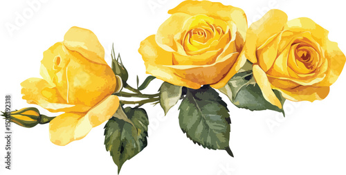 Elegant Watercolor Illustration of Three Yellow Roses with Buds and Leaves on a White Background Perfect for Floral Designs