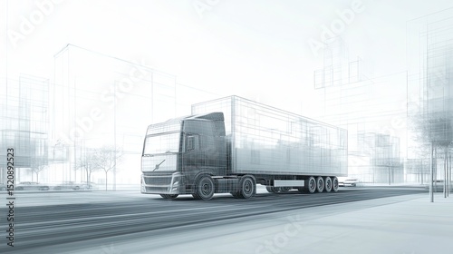 Truck on road with wireframe effect and city background in monochromatic light and airy style