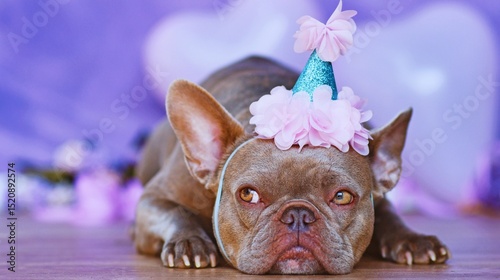 Adorable French bulldog puppy in a pink dress, purebred and cute, isolated white background studio shot