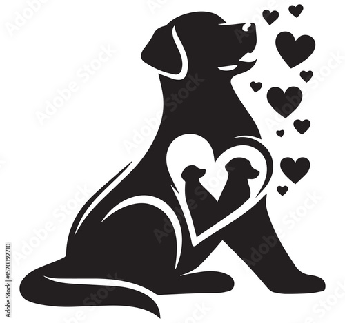 Pet Family Love Black Silhouette Sitting Dog Vector Art Heart with Two Puppies Floating Hearts