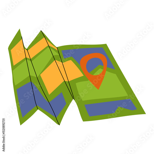 Colorful folded paper map with location pin marker, symbolizing travel, navigation, and destination planning for trips or tours. Ideal for guides and travel content. Vector Stock Illustration.