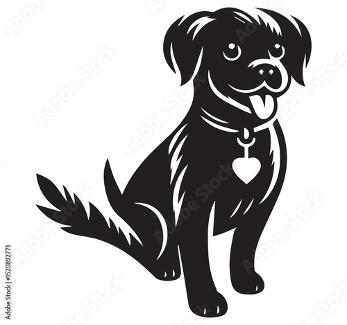 Black Dog Sitting Silhouette Vector Illustration Graphic Art Clipart Design Heart Tag Collar Cute Pet Animal on White Background