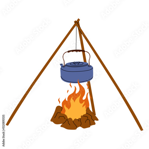 Camping kettle hanging over open fire with tripod stand, boiling water outdoors on campfire. Simple rustic cooking method in wilderness. Vector Stock Illustration.