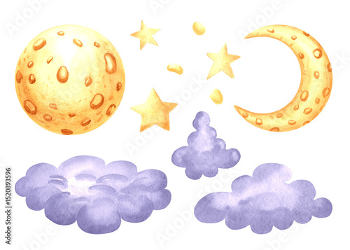 Set of cute purple cloud with crescent, moon and stars watercolor illustration for baby desings. Funny celestial objects hand drawn isolated clipart. Stickers in kids fairy dreams style for nursery.