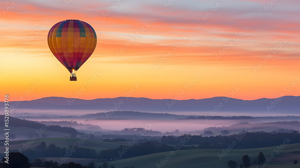 Fototapeta premium Sunrise Hot Air Balloon Over Misty Valley Landscape