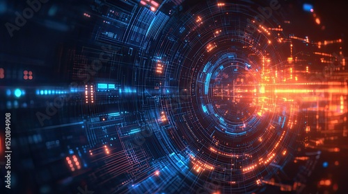 Abstract technology background with glowing blue and orange lights and circular patterns design