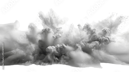 Monochrome powder explosion forming turbulent smoke clouds isolated on transparent PNG. . 