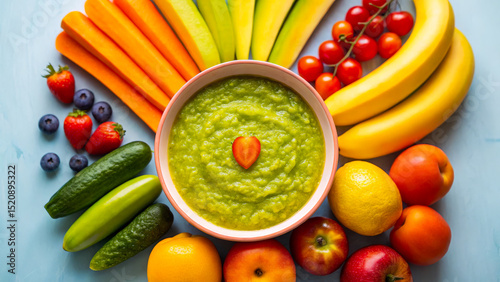 Fototapeta Naklejka Na Ścianę i Meble -  Colorful rainbow of variety raw fruits and vegetables. Fresh organic healthy antioxidant  violet, red, green, orange and yellow food. Vegetarian healthy nutrition baby food in bowls flat lay