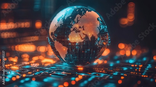 Digital globe with glowing continents on a circuit board with blurred lights in the background