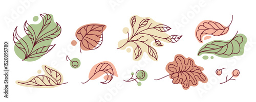 Autumn leaves and berries set warm vector line art in earthy and muted tones. Ideal for seasonal cards, eco packaging, stickers, digital scrapbooking, and cozy fall illustrations.