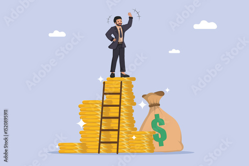 Financial Success and Career Growth: Businessman Reaching the Top of Stacked Gold Coins with a Ladder, Celebrating Achievement.