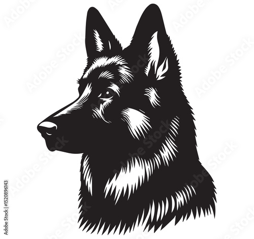 Detailed Black and White German Shepherd Dog Head Profile Vector Illustration