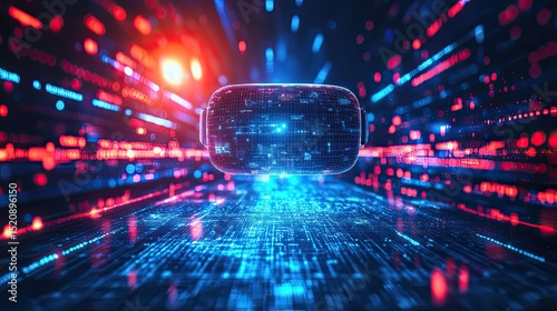 A virtual reality headset amidst a vibrant display of red and blue digital light patterns