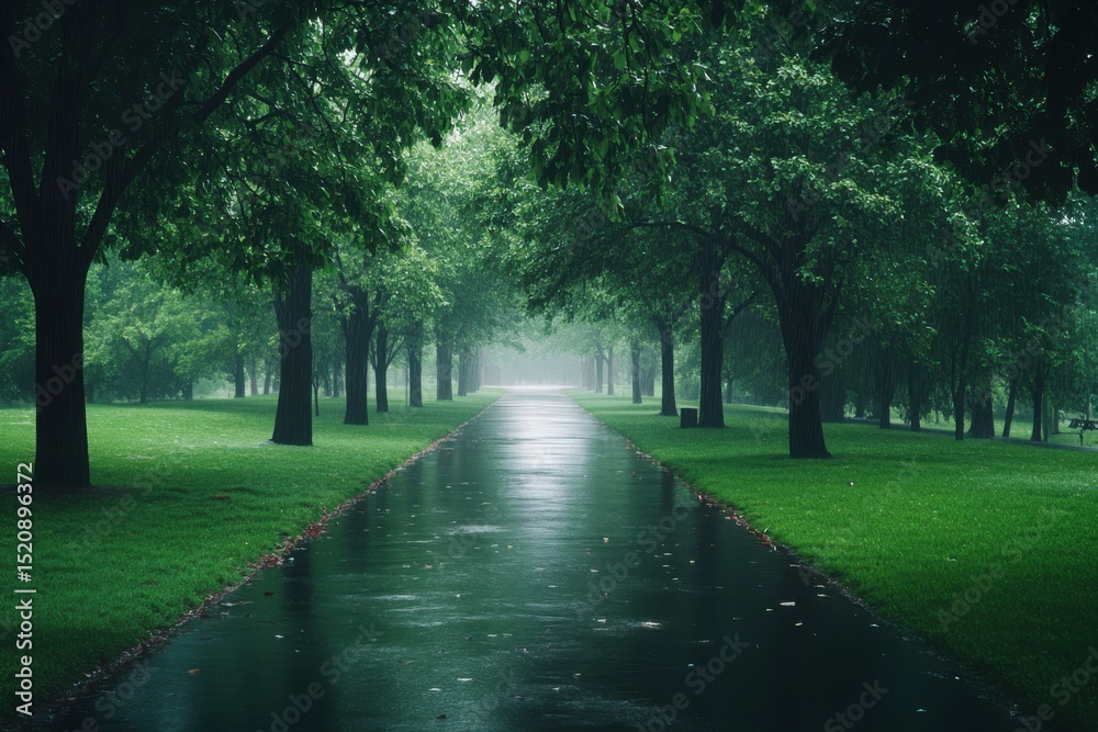 Fototapeta premium Rainy day path through lush green trees