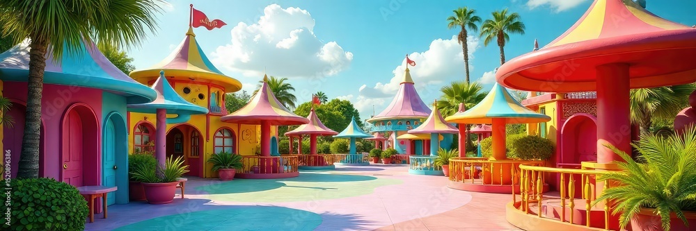 Obraz premium A vibrant, whimsical outdoor laughter park brimming with playful, colorful structures designed to evoke joy and amusement , entertainment, merry, laughter