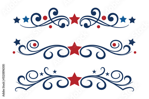 
4th of July lettering header Ornate swirls, patriotic red stars, and blue Elegant fancy separators Decorative Elements,  Independence Day Calligraphy Flourishes text dividers
