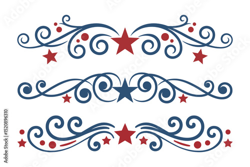
4th of July lettering header Ornate swirls, patriotic red stars, and blue Elegant fancy separators Decorative Elements,  Independence Day Calligraphy Flourishes text dividers
