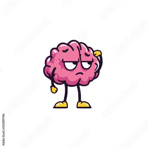 Confused Pink Brain Cartoon Character Scratching Head, Cartoon pink brain character with yellow gloves and shoes, scratching its head with a puzzled expression, representing confusion or doubt.
