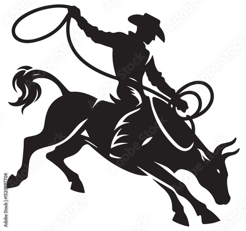 Black Silhouette Graphic Rodeo Cowboy Riding Bucking Bull with Lasso