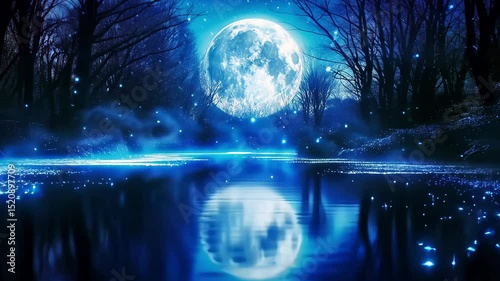 Bright full moon over a mystical blue lake with glowing particles. Dreamlike forest and water. Night fantasy scene. Fairy tale concept animation.