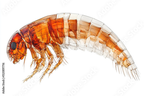 Detailed Microscopic View of a Flea's Anatomy and Structure on a White Background