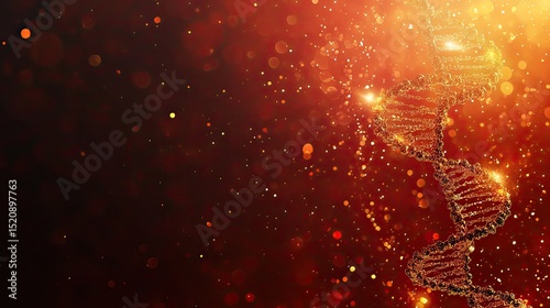 A glowing dna strand with golden particles on a dark red and orange gradient background with bokeh