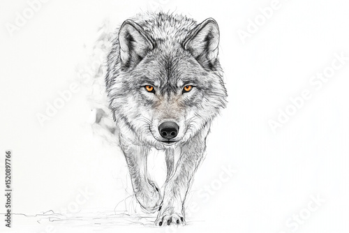 Wallpaper Mural Detailed Pencil Sketch of a Wolf Walking Forward with Intense Amber Eyes on White Background Torontodigital.ca