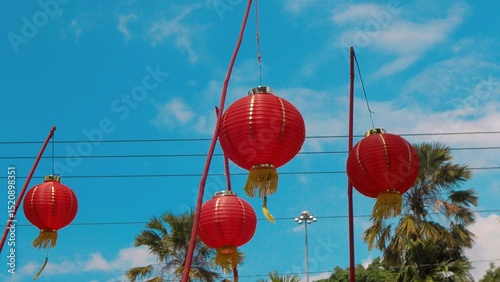 Red Chinese lanterns in Chinese New Year Festival with blue sky background