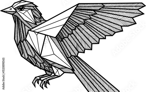 stylized bird, black and white, angular design, abstract, detailed feathers, geometric shapes, nature illustration
