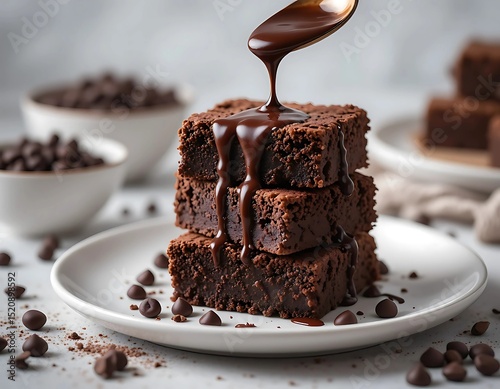 Close-up of a stack of homemade brownies, generously drizzled with melted chocolate sauce.