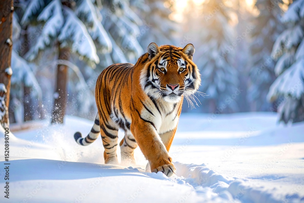 Obraz premium Tiger Walking Through a Forest In The Winter