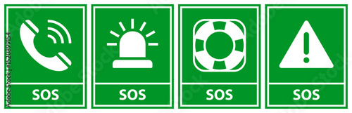 SOS icon set. SOS Emergency alarm button, rescue lifebuoy, emergency call symbol and caution sign.