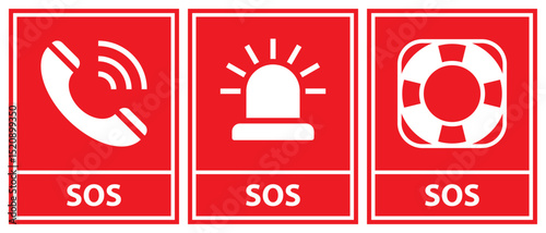 SOS icon set. SOS Emergency alarm button, rescue lifebuoy and emergency call symbol.
