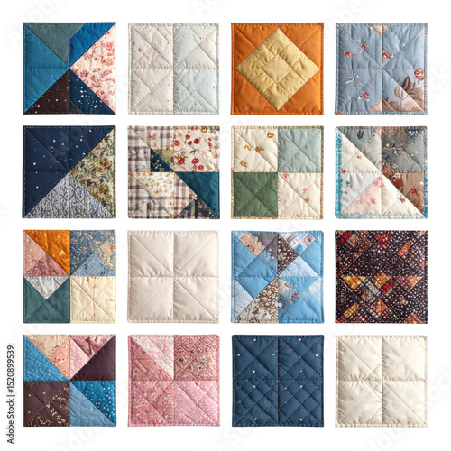 Quilt squares featuring various patterns and colors, arranged in a grid layout. cut out. transparent background
