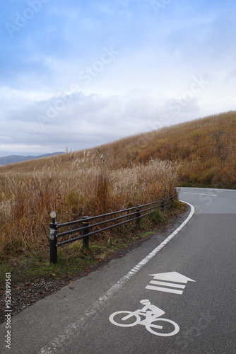 Clear Curved Bicycle Lane Through Autumn Grass Hills Under Cloudy Sky, A bike lane symbol is clearly visible on the asphalt, leading through the scenic countryside with mountains in the background