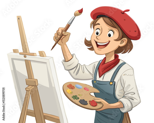 vector of an artist wearing beret, holding a paintbrush and palette, smiling in front of canvas, white background
