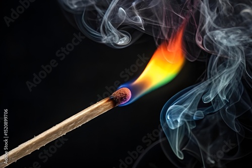 Rainbow Flame Burning Matchstick Close-Up on Black Background