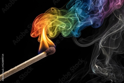 Rainbow Flame Burning Matchstick Close-Up on Black Background