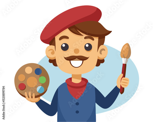 vector of an artist wearing beret, holding a paintbrush and palette, smiling in front of canvas, white background

