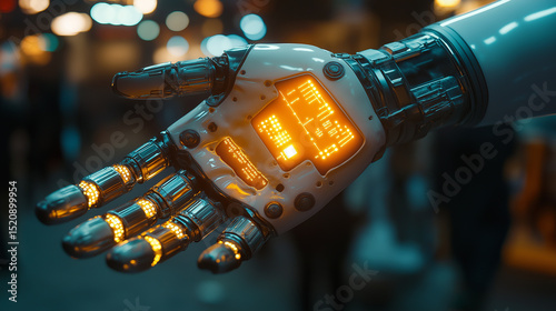 Futuristic robotic hand extending an open palm glowing lights technology future