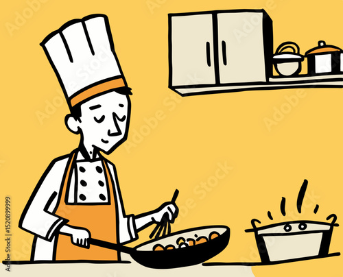 vector of a chef wearing hat and apron stirring in a pan, professional kitchen scene, isolated on white
