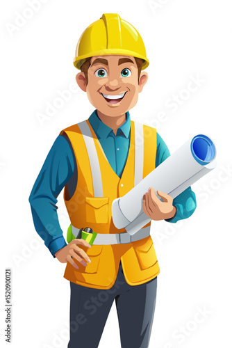vector of a builder in yellow hard hat, safety vest, and holding blueprints, isolated on white
