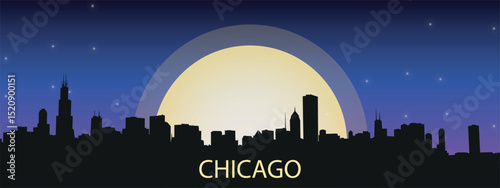 silhouette of the night city of Chicago with a panorama of skyscrapers against the starry sky with a large full moon in the center