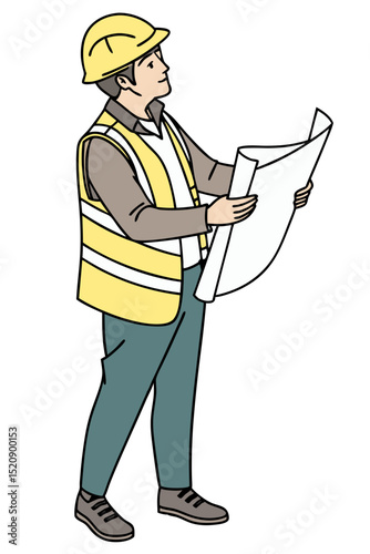 vector of a builder in yellow hard hat, safety vest, and holding blueprints, isolated on white
