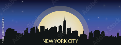 silhouette of the night city of New York with a panorama of skyscrapers against the starry sky with a large full moon in the center